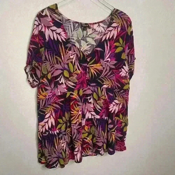 Torrid Tropical Multi Color Tiered Button Front Top Blouse 2 2X 18/20 - Picture 3 of 7